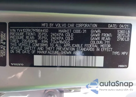 2021 Volvo Xc60 T5 Momentum из США, поврежденный, VIN YV4102RK7M1864450